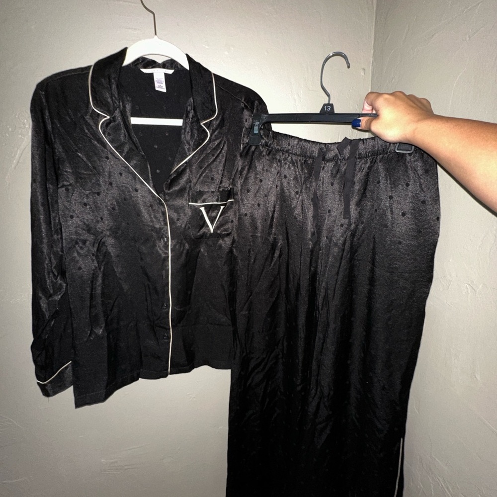 VS Black Satin Pajama Set with Pink Trim